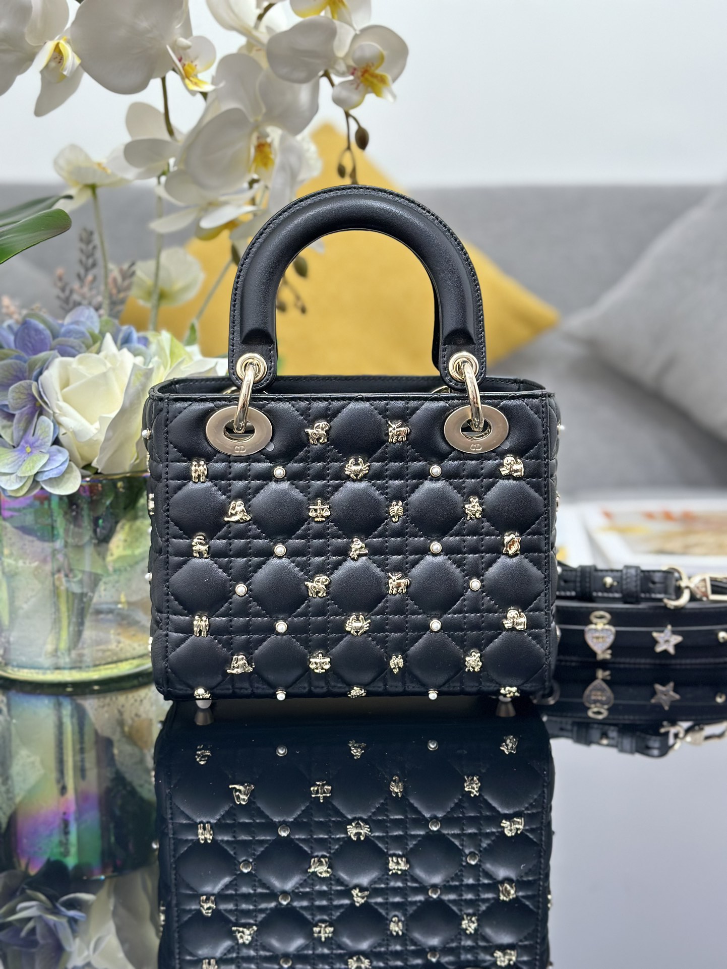 Small Lady Dior Bag Black Lambskin with Star Sign Nail